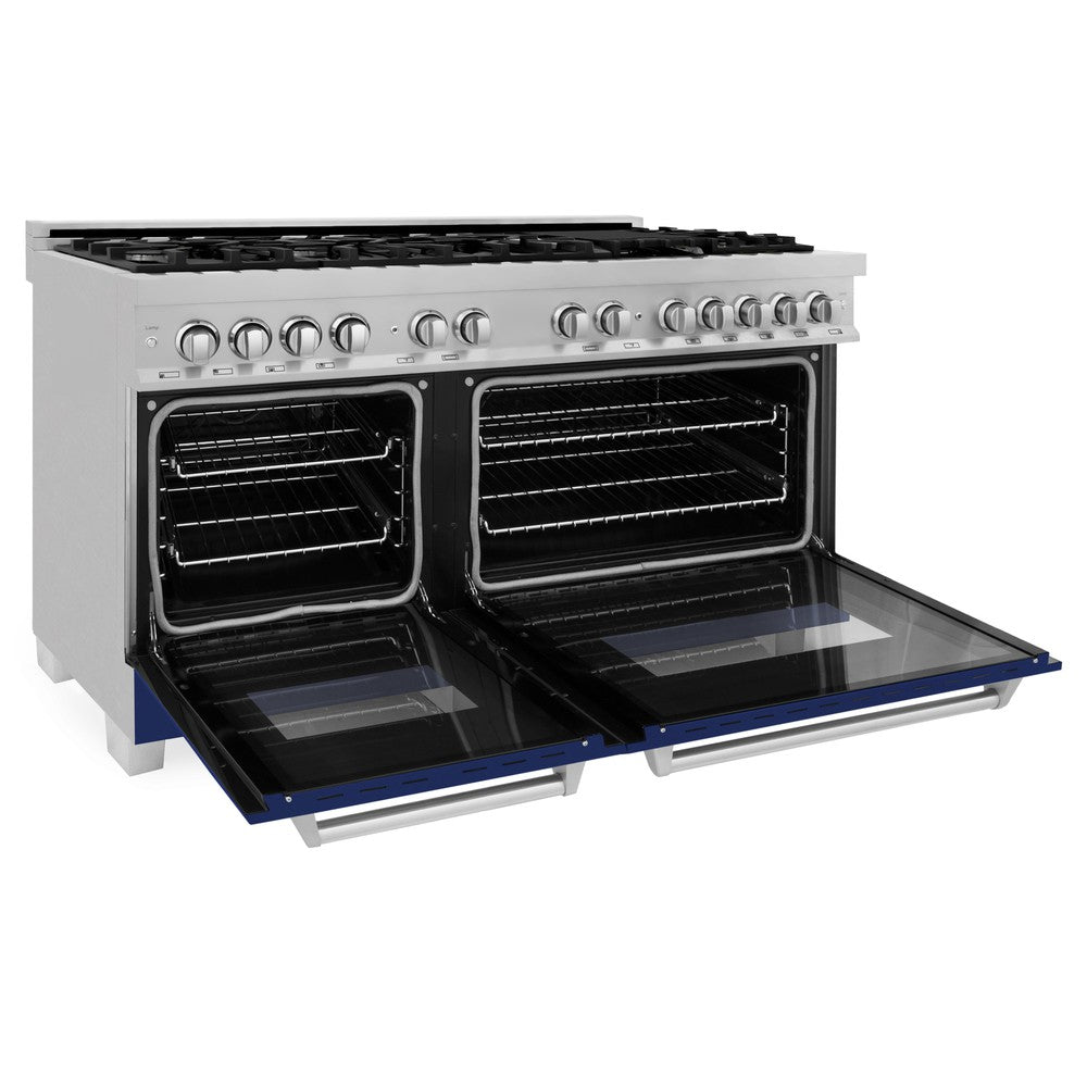 ZLINE 60 in. 7.4 cu. ft. Dual Fuel Range with Gas Stove and Electric Oven in Fingerprint Resistant Stainless Steel and Blue Gloss Doors (RAS-BG-60)