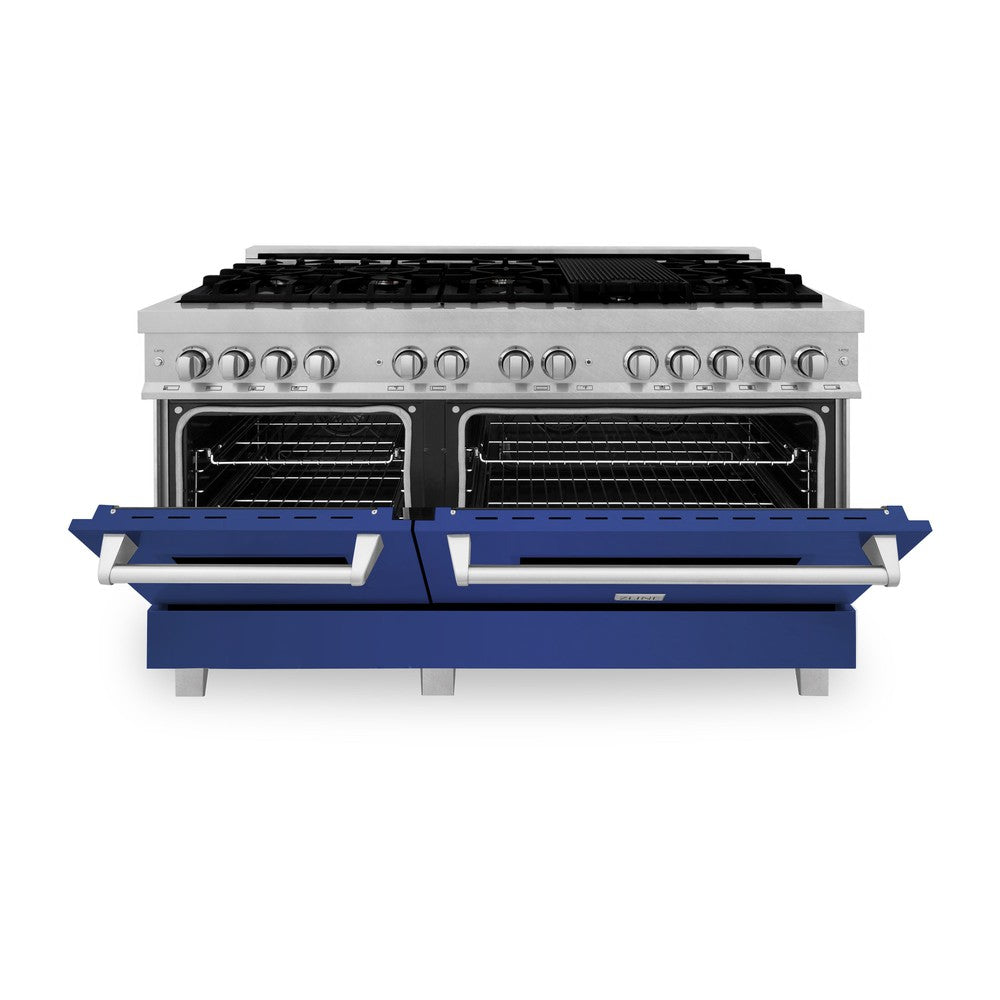 ZLINE 60 in. 7.4 cu. ft. Legacy Dual Fuel Range with 9 Burner Gas Cooktop and 2 Electric Convection Ovens in DuraSnow® Stainless Steel and Blue Matte Doors (RAS-BM-60)