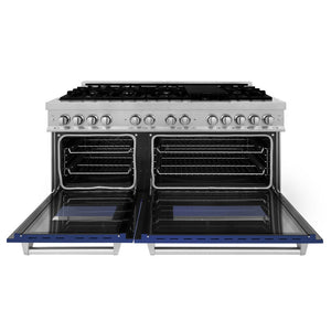 ZLINE 60 in. 7.4 cu. ft. Legacy Dual Fuel Range with 9 Burner Gas Cooktop and 2 Electric Convection Ovens in DuraSnow® Stainless Steel and Blue Matte Doors (RAS-BM-60)