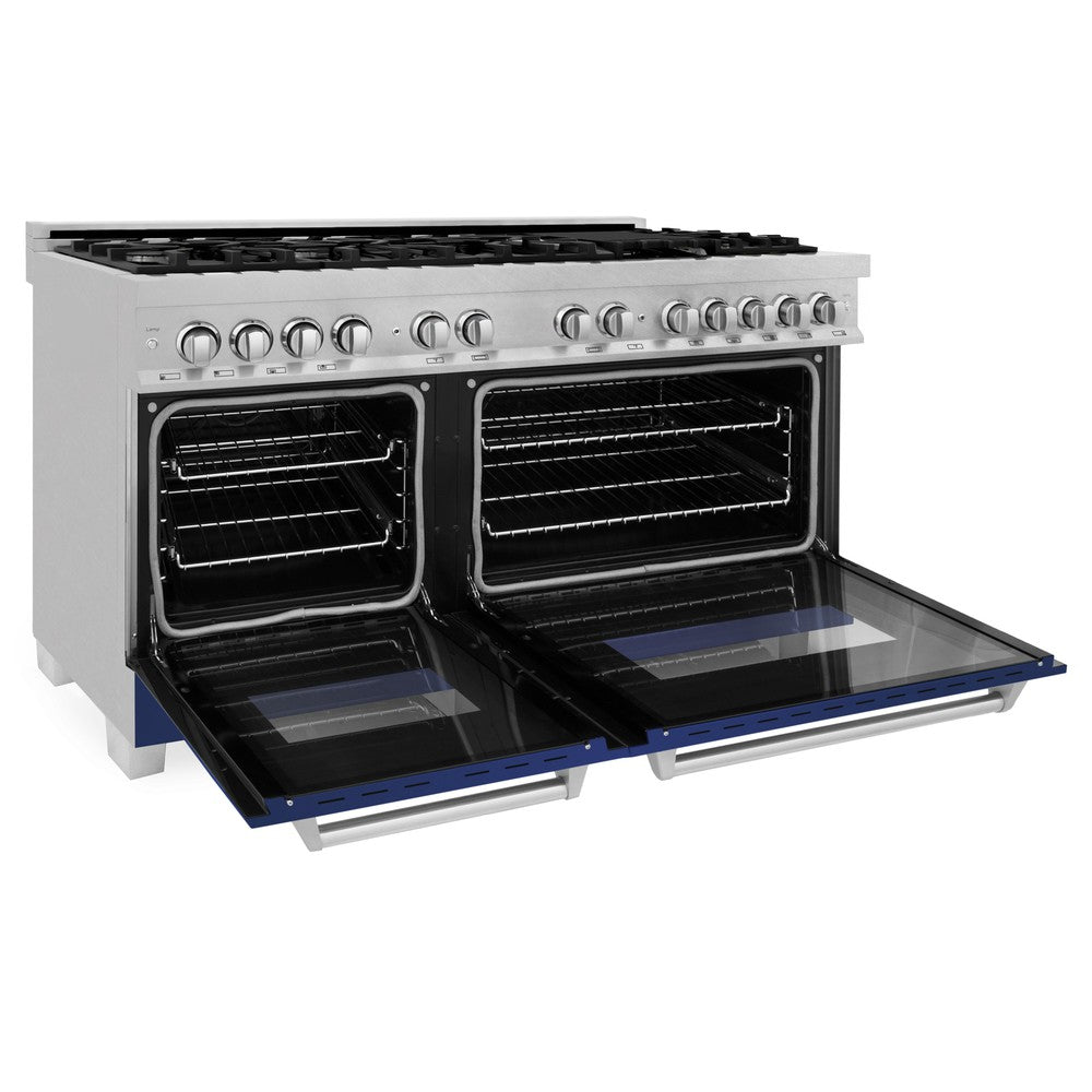 ZLINE 60 in. 7.4 cu. ft. Legacy Dual Fuel Range with 9 Burner Gas Cooktop and 2 Electric Convection Ovens in DuraSnow® Stainless Steel and Blue Matte Doors (RAS-BM-60)