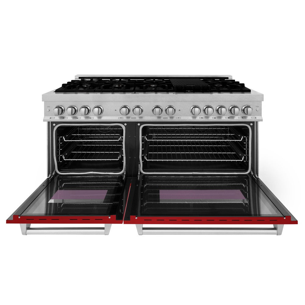 ZLINE 60 in. 7.4 cu. ft. Dual Fuel Range with Gas Stove and Electric Oven in Fingerprint Resistant Stainless Steel with Red Gloss Doors (RAS-RG-60)