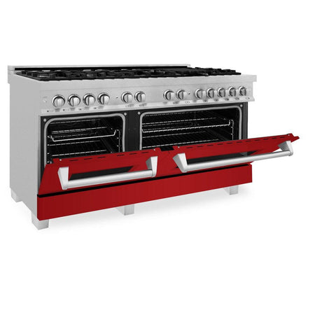 ZLINE 60 in. 7.4 cu. ft. Dual Fuel Range with Gas Stove and Electric Oven in Fingerprint Resistant Stainless Steel with Red Gloss Doors (RAS-RG-60)