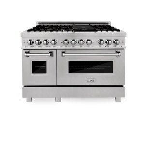 ZLINE 48 in. Kitchen Package with DuraSnow® Stainless Steel Dual Fuel Range and Convertible Vent Range Hood (2KP-RASSNRH48)