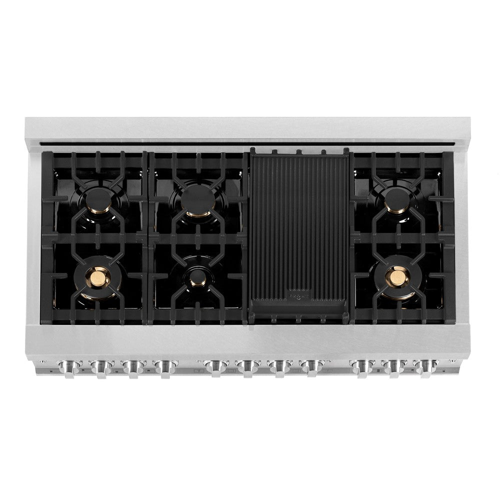 ZLINE 48 in. 6.0 cu. ft. Legacy Dual Fuel Range with Gas Cooktop and 2 Electric Ovens in DuraSnow® Stainless Steel with Brass Burners (RAS-SN-BR-48)