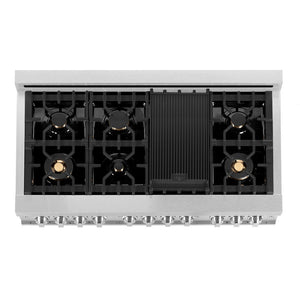 ZLINE 48 in. 6.0 cu. ft. Legacy Dual Fuel Range with Gas Cooktop and 2 Electric Ovens in DuraSnow® Stainless Steel with Brass Burners (RAS-SN-BR-48)