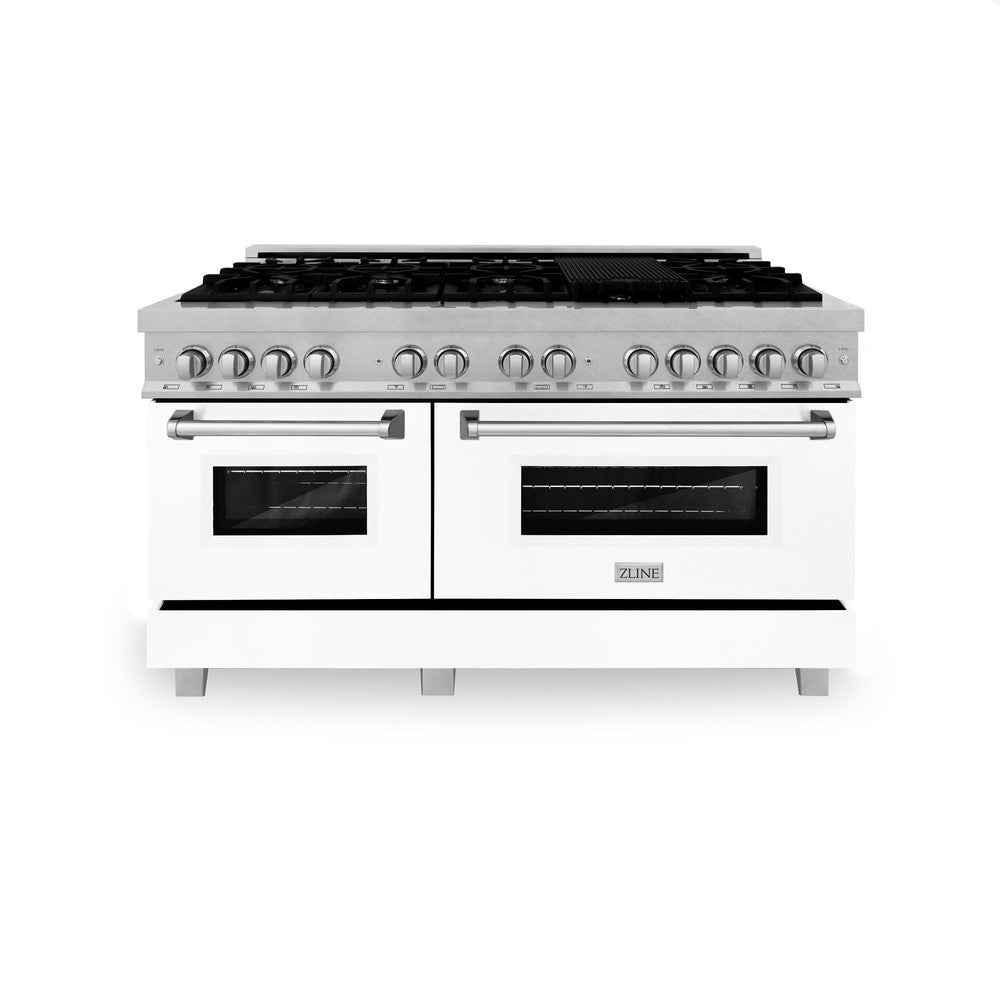 ZLINE 60 in. 7.4 cu. ft. Legacy Dual Fuel Range with 9 Burner Gas Cooktop and 2 Electric Convection Ovens in DuraSnow® Stainless Steel and White Matte Doors (RAS-WM-60)