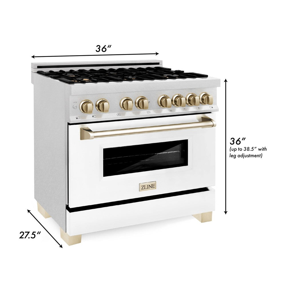 ZLINE Autograph Edition 36 in. 4.6 cu. ft. Dual Fuel Range with Gas Stove and Electric Oven in DuraSnow® Stainless Steel with White Matte Door and Polished Gold Accents (RASZ-WM-36-G)