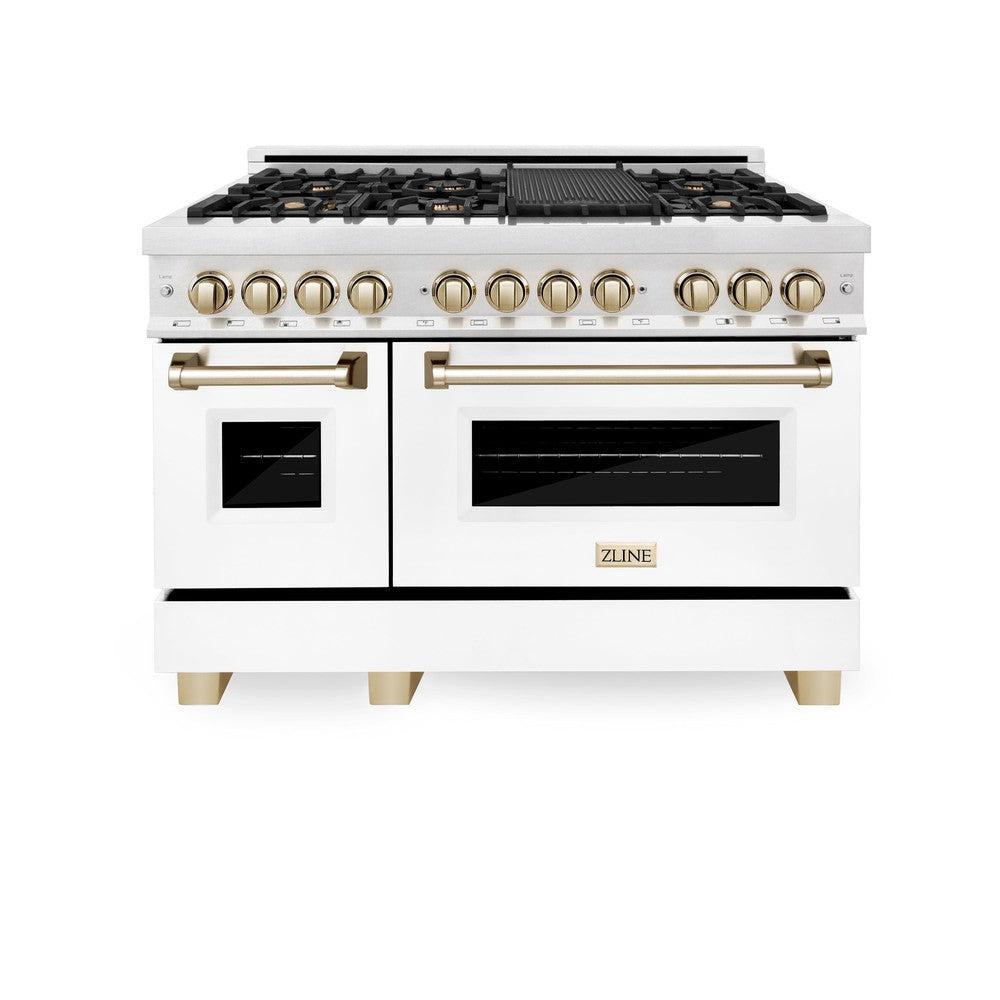 ZLINE Autograph Edition 48 in. 6.0 cu. ft. Dual Fuel Range with Gas Stove and Electric Oven in DuraSnow® Stainless Steel with White Matte Doors and Polished Gold Accents (RASZ-WM-48-G)