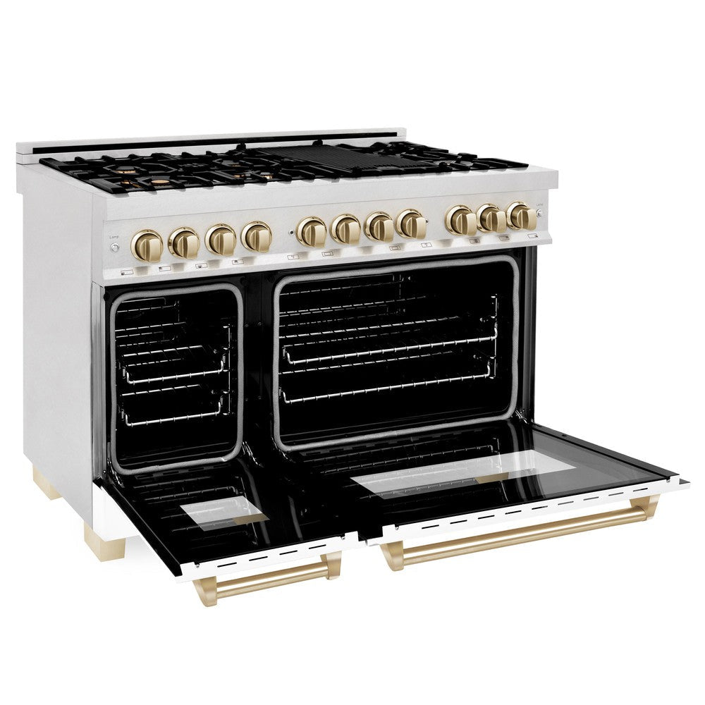 ZLINE Autograph Edition 48 in. 6.0 cu. ft. Dual Fuel Range with Gas Stove and Electric Oven in DuraSnow® Stainless Steel with White Matte Doors and Polished Gold Accents (RASZ-WM-48-G)