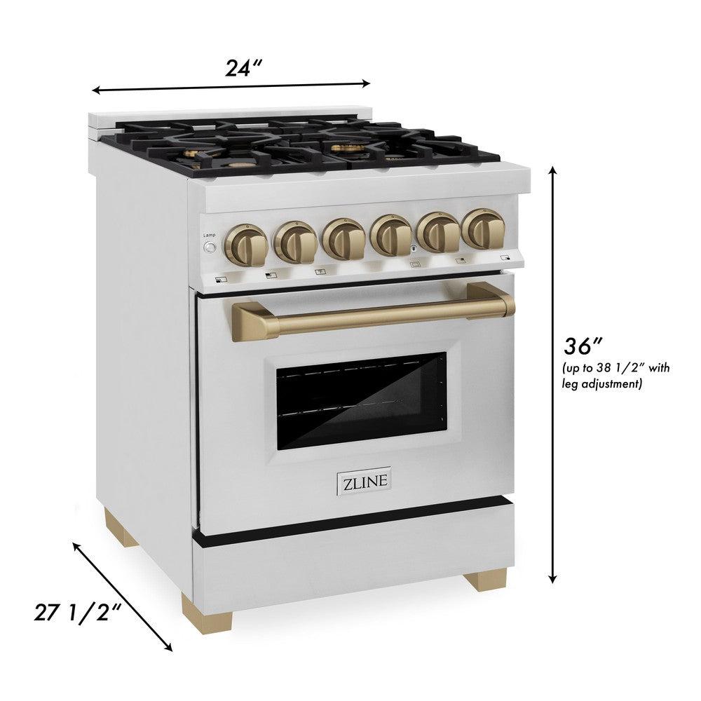 ZLINE Autograph Edition 24 in. 2.8 cu. ft. Legacy Dual Fuel Range with 4 Burner Gas Cooktop and Electric Convection Oven in Stainless Steel and Champagne Bronze Accents (RAZ-24-CB)