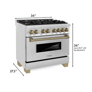ZLINE Autograph Edition 36 in. Kitchen Package with Stainless Steel Dual Fuel Range, Range Hood, Dishwasher and Refrigerator with Champagne Bronze Accents (4KAPR-RARHDWM36-CB)