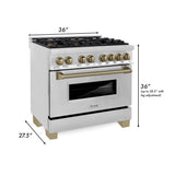 ZLINE 36 in. Autograph Edition Kitchen Package with Stainless Steel Dual Fuel Range, Range Hood, Dishwasher and Refrigeration Including External Water Dispenser with Champagne Bronze Accents (4AKPR-RARHDWM36-CB)