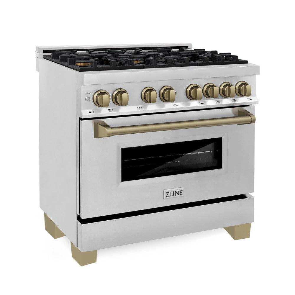 ZLINE Autograph Edition 36 in. Kitchen Package with Stainless Steel Dual Fuel Range, Range Hood and Dishwasher with Champagne Bronze Accents (3AKP-RARHDWM36-CB)