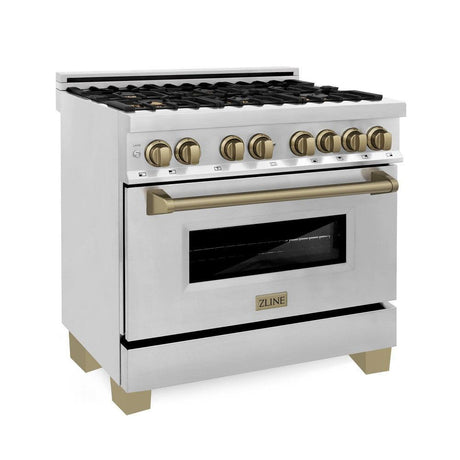 ZLINE Autograph Edition 36 in. Kitchen Package with Stainless Steel Dual Fuel Range, Range Hood, Dishwasher and Refrigerator Including External Water Dispenser with Champagne Bronze Accents (4AKPR-RARHDWM36-CB)