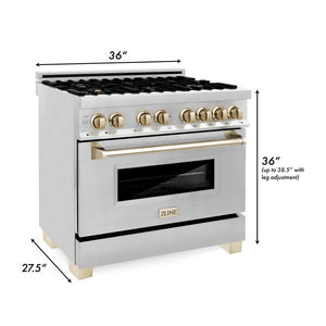 ZLINE Autograph Edition 36 in. Kitchen Package with Stainless Steel Dual Fuel Range, Range Hood, Dishwasher and Refrigerator with Polished Gold Accents (4KAPR-RARHDWM36-G)