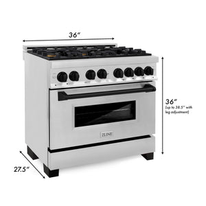 ZLINE Autograph Edition 36 in. Kitchen Package with Stainless Steel Dual Fuel Range, Range Hood and Dishwasher with Matte Black Accents (3AKP-RARHDWM36-MB)