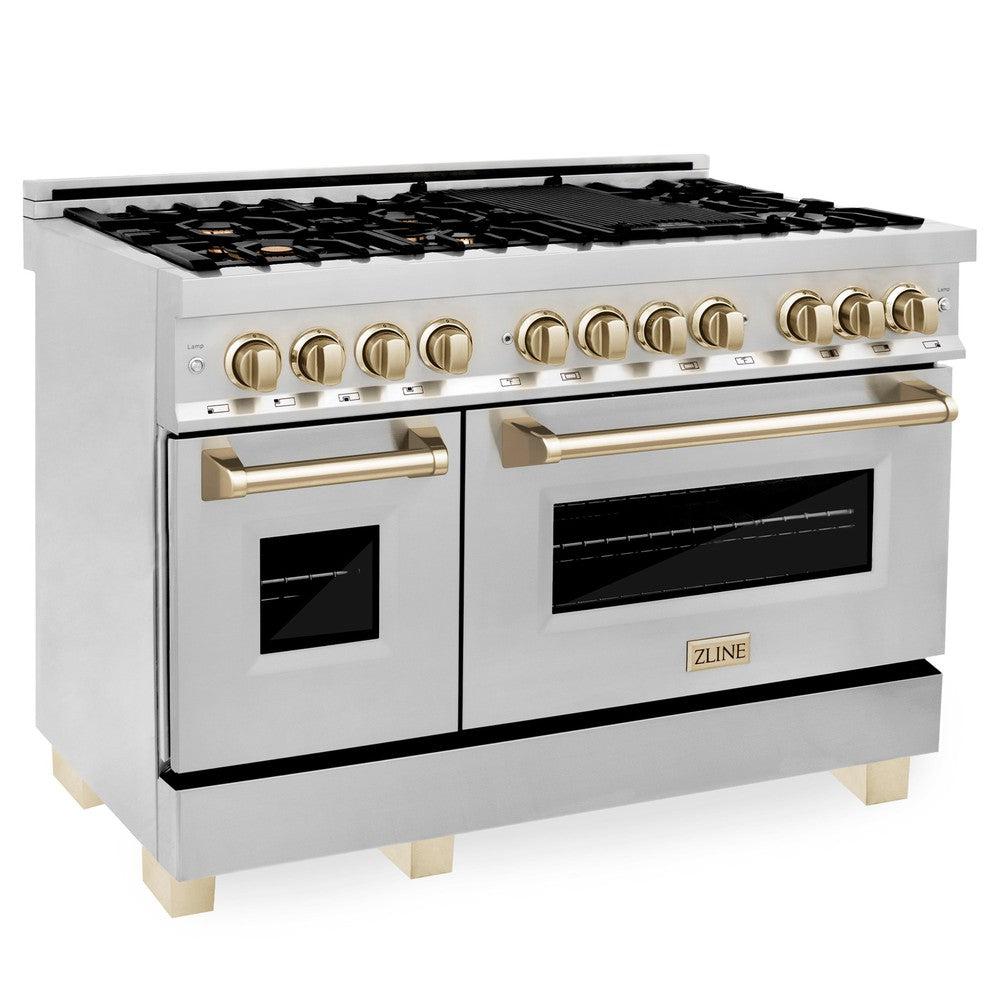ZLINE Autograph Edition 48 in. Kitchen Package with Stainless Steel Dual Fuel Range, Range Hood, Dishwasher and Refrigerator Including External Water Dispenser with Polished Gold Accents (4AKPR-RARHDWM48-G)