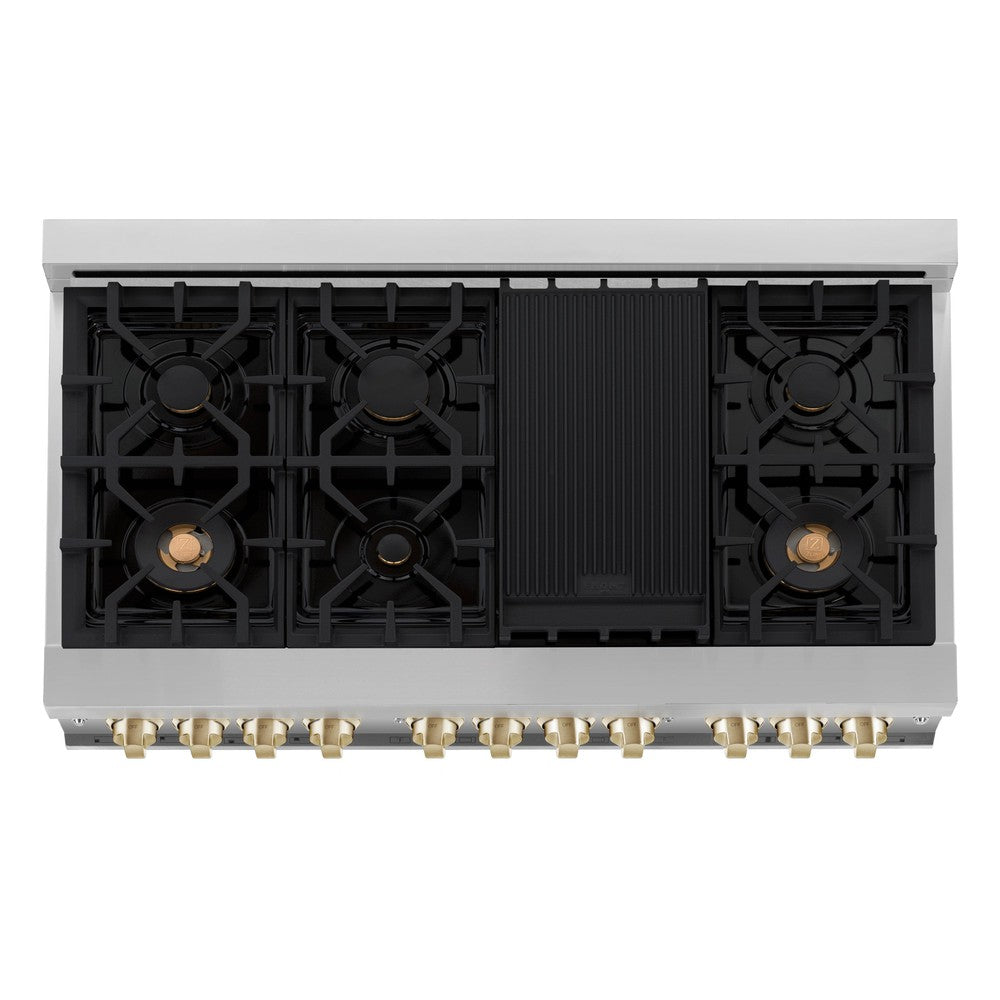 ZLINE Autograph Edition 48 in. Kitchen Package with Stainless Steel Dual Fuel Range, Range Hood, Dishwasher and Refrigerator Including External Water Dispenser with Polished Gold Accents (4AKPR-RARHDWM48-G)