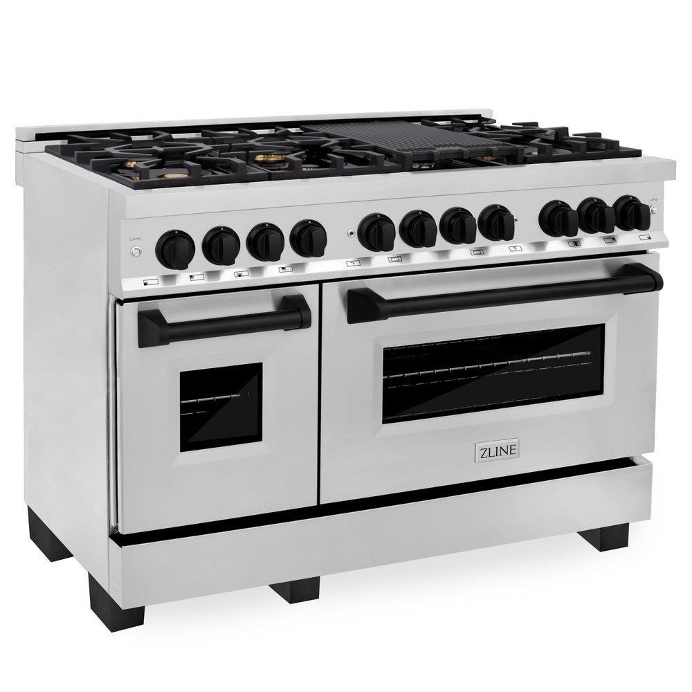 ZLINE Autograph Edition 48 in. Kitchen Package with Stainless Steel Dual Fuel Range, Range Hood, Dishwasher and Refrigerator Including External Water Dispenser with Matte Black Accents (4AKPR-RARHDWM48-MB)