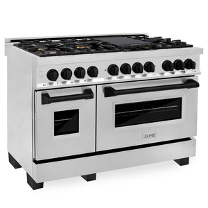 ZLINE Autograph Edition 48 in. Kitchen Package with Stainless Steel Dual Fuel Range, Range Hood, Dishwasher and Refrigerator Including External Water Dispenser with Matte Black Accents (4AKPR-RARHDWM48-MB)