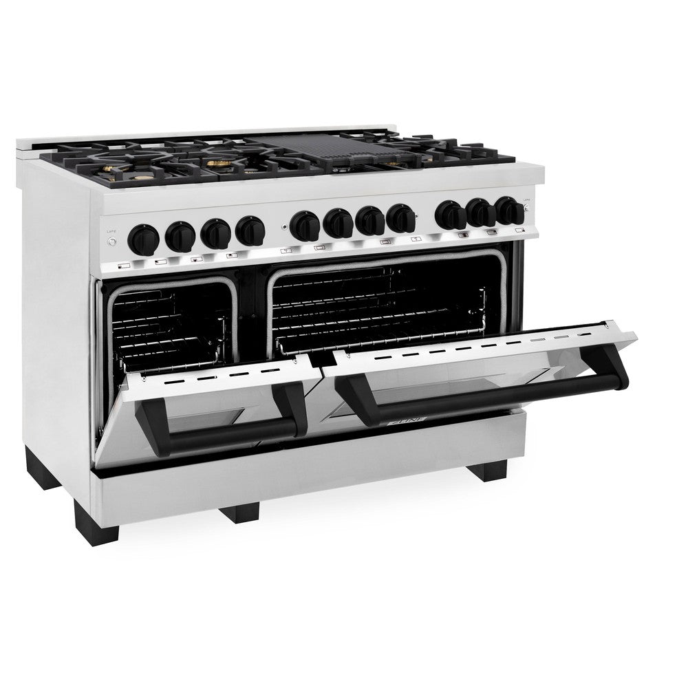 ZLINE Autograph Edition 48 in. Kitchen Package with Stainless Steel Dual Fuel Range, Range Hood, Dishwasher and Refrigerator Including External Water Dispenser with Matte Black Accents (4AKPR-RARHDWM48-MB)