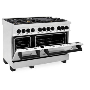 ZLINE Autograph Edition 48 in. Kitchen Package with Stainless Steel Dual Fuel Range, Range Hood, Dishwasher and Refrigerator Including External Water Dispenser with Matte Black Accents (4AKPR-RARHDWM48-MB)