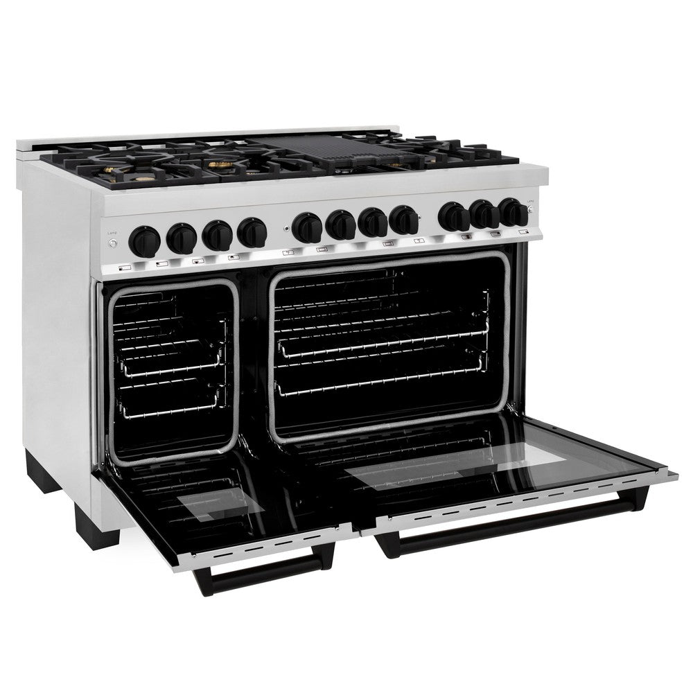 ZLINE Autograph Edition 48 in. Kitchen Package with Stainless Steel Dual Fuel Range, Range Hood, Dishwasher and Refrigerator with Matte Black Accents (4KAPR-RARHDWM48-MB)