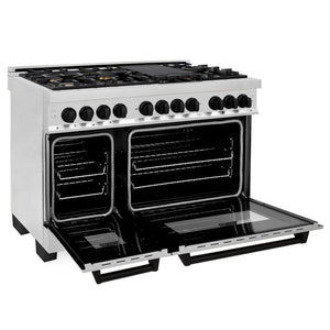 ZLINE Autograph Edition 48 in. Kitchen Package with Stainless Steel Dual Fuel Range, Range Hood, Dishwasher and Refrigerator with Matte Black Accents (4KAPR-RARHDWM48-MB)