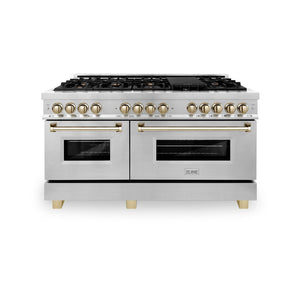 ZLINE Autograph Edition 60 in. 7.4 cu. ft. Legacy Dual Fuel Range with 9 Burner Gas Cooktop and 2 Electric Convection Ovens in Stainless Steel and Polished Gold Accents (RAZ-60-G)