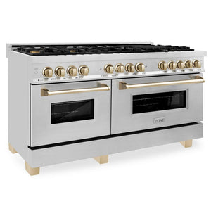 ZLINE Autograph Edition 60 in. 7.4 cu. ft. Legacy Dual Fuel Range with 9 Burner Gas Cooktop and 2 Electric Convection Ovens in Stainless Steel and Polished Gold Accents (RAZ-60-G)