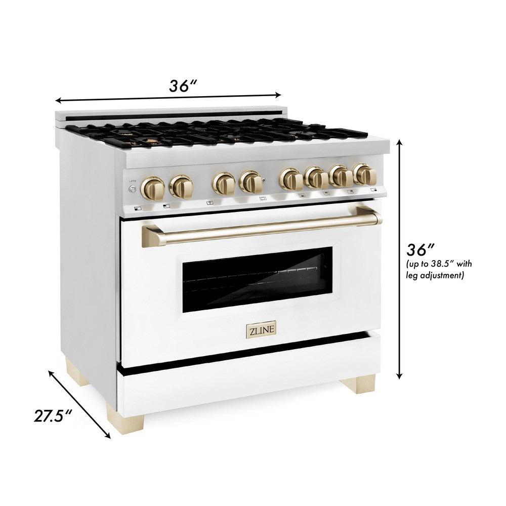 ZLINE Autograph Edition 36 in. 4.6 cu. ft. Legacy Dual Fuel Range with 6 Burner Gas Cooktop and Electric Convection Oven in Stainless Steel with White Matte Door and Polished Gold Accents (RAZ-WM-36-G)
