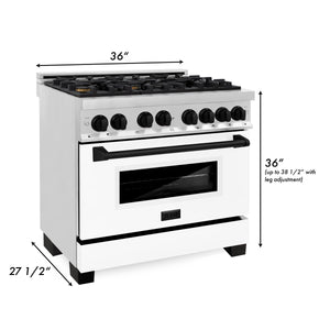ZLINE Autograph Edition 36 in. Kitchen Package with Stainless Steel Dual Fuel Range with White Matte Door and Range Hood with Matte Black Accents (2AKP-RAWMRH36-MB)