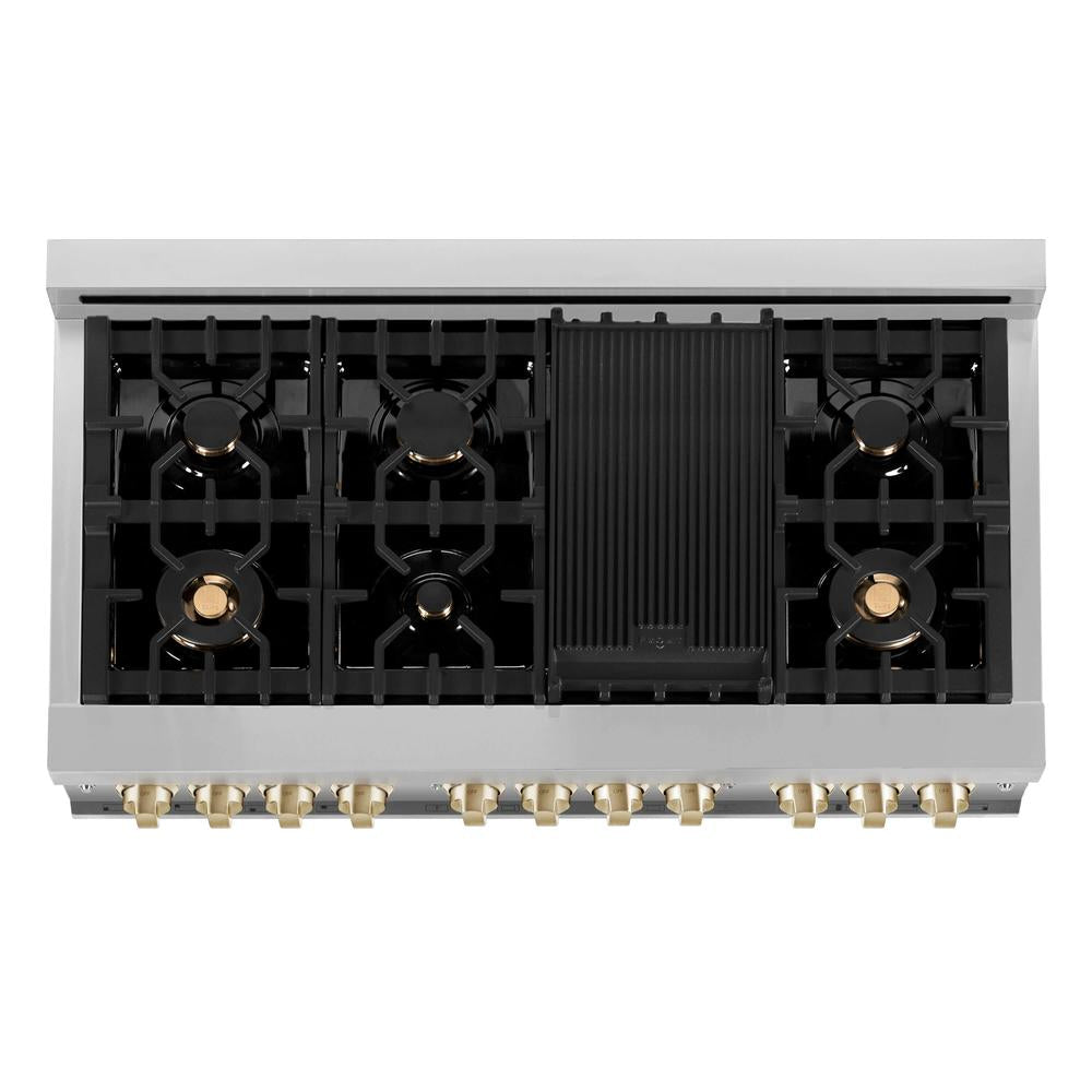 ZLINE Autograph Edition 48 in. Kitchen Package with Stainless Steel Dual Fuel Range with White Matte Door and Range Hood with Polished Gold Accents (2AKP-RAWMRH48-G)