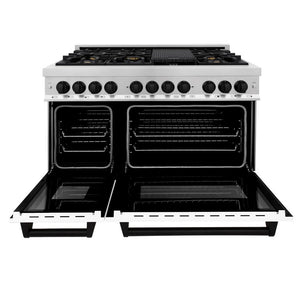 ZLINE Autograph Edition 48 in. 6.0 cu. ft. Legacy Dual Fuel Range with 7 Burner Gas Cooktop and 2 Electric Ovens in Stainless Steel with White Matte Doors and Matte Black Accents (RAZ-WM-48-MB)