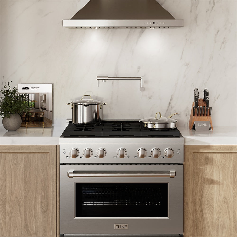 ZLINE 36 in. Kitchen Package with Stainless Steel Gas Range, Range Hood, Microwave Drawer, Tall Tub Dishwasher and Wine Cooler (5KP-SGRRH36-MWDWV-RWV)