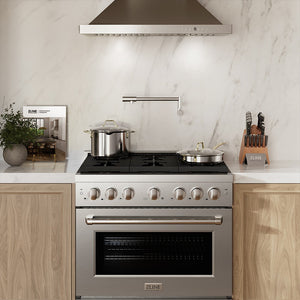 ZLINE 36 in. Kitchen Package with Stainless Steel Gas Range, Range Hood, Microwave Drawer, Tall Tub Dishwasher and Wine Cooler (5KP-SGRRH36-MWDWV-RWV)