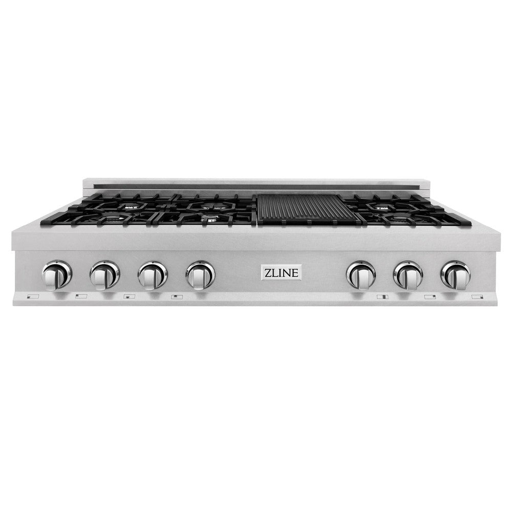 ZLINE 48 in. Porcelain Gas Stovetop in DuraSnow® Stainless Steel with 7 Gas Burners and Griddle (RTS-48)