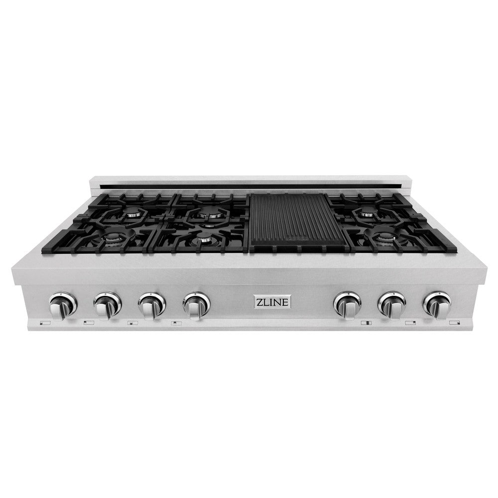 ZLINE 48 in. Porcelain Gas Stovetop in DuraSnow® Stainless Steel with 7 Gas Burners and Griddle (RTS-48)