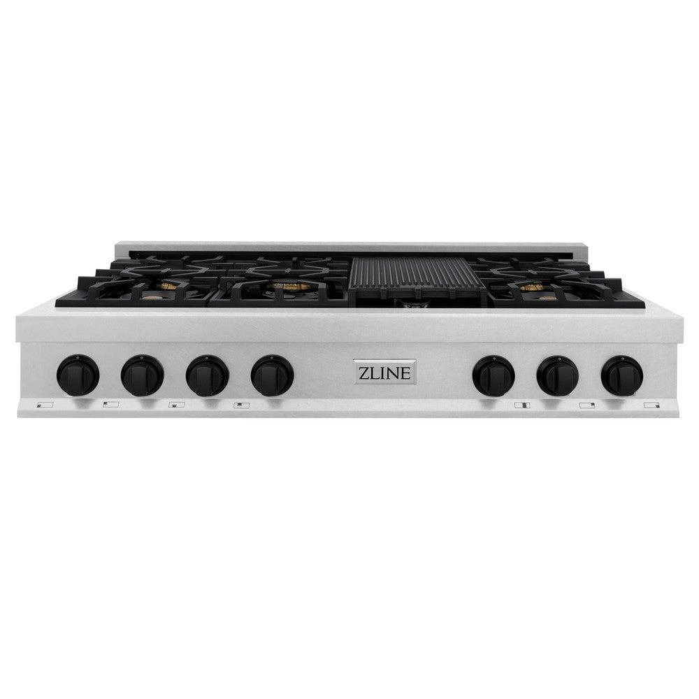 ZLINE Autograph Edition 48 in. Legacy Gas Rangetop with 7 Burners and Porcelain Cooktop in DuraSnow® Stainless Steel with Matte Black Accents (RTSZ-48-MB)