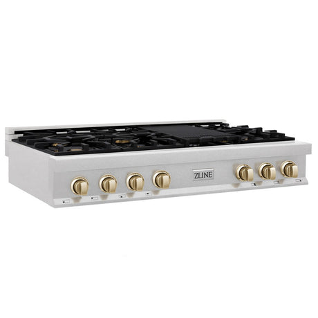 ZLINE Autograph Edition 48 in. Porcelain Rangetop with 7 Gas Burners in DuraSnow® Stainless Steel and Polished Gold Accents (RTSZ-48-G)-Cooktops-RTSZ-48-G ZLINE Kitchen and Bath