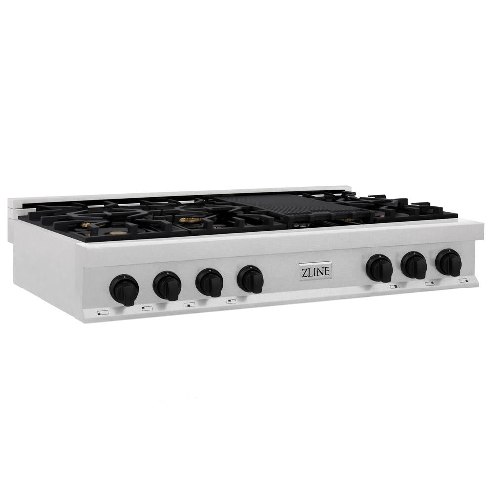 ZLINE Autograph Edition 48 in. Legacy Gas Rangetop with 7 Burners and Porcelain Cooktop in DuraSnow® Stainless Steel with Matte Black Accents (RTSZ-48-MB)
