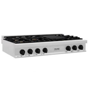 ZLINE Autograph Edition 48 in. Legacy Gas Rangetop with 7 Burners and Porcelain Cooktop in DuraSnow® Stainless Steel with Matte Black Accents (RTSZ-48-MB)