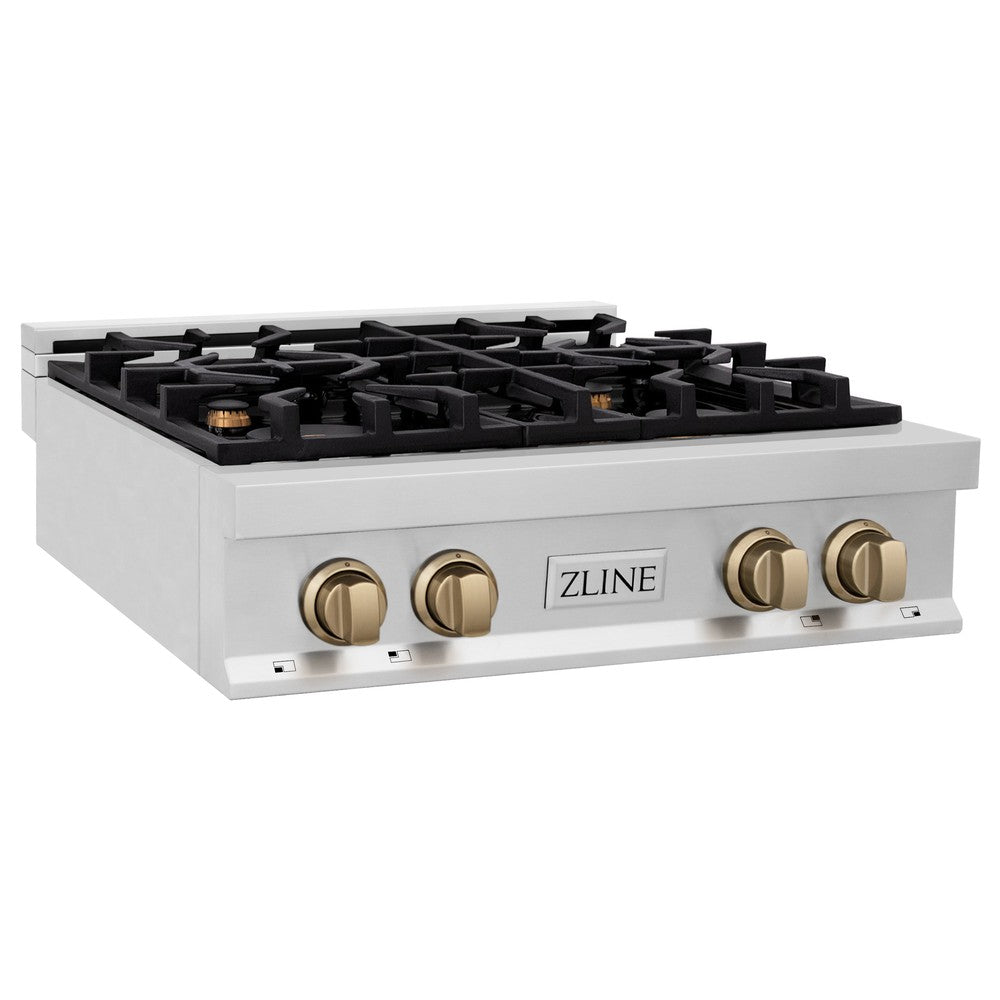 ZLINE Autograph Edition 30 in. Legacy Gas Rangetop with 4 Burners and Porcelain Cooktop in Stainless Steel with Champagne Bronze Accents (RTZ-30-CB)