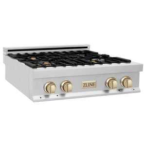 ZLINE Autograph Edition 30 in. Legacy Gas Rangetop with 4 Burners and Porcelain Cooktop in Stainless Steel with Polished Gold Accents (RTZ-30-G) side.