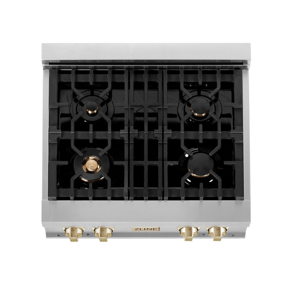 ZLINE Autograph Edition 30 in. Legacy Gas Rangetop with 4 Burners and Porcelain Cooktop in Stainless Steel with Polished Gold Accents (RTZ-30-G)