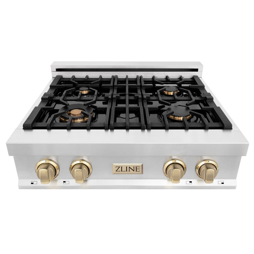 ZLINE Autograph Edition 30 in. Legacy Gas Rangetop with 4 Burners and Porcelain Cooktop in Stainless Steel with Polished Gold Accents (RTZ-30-G)