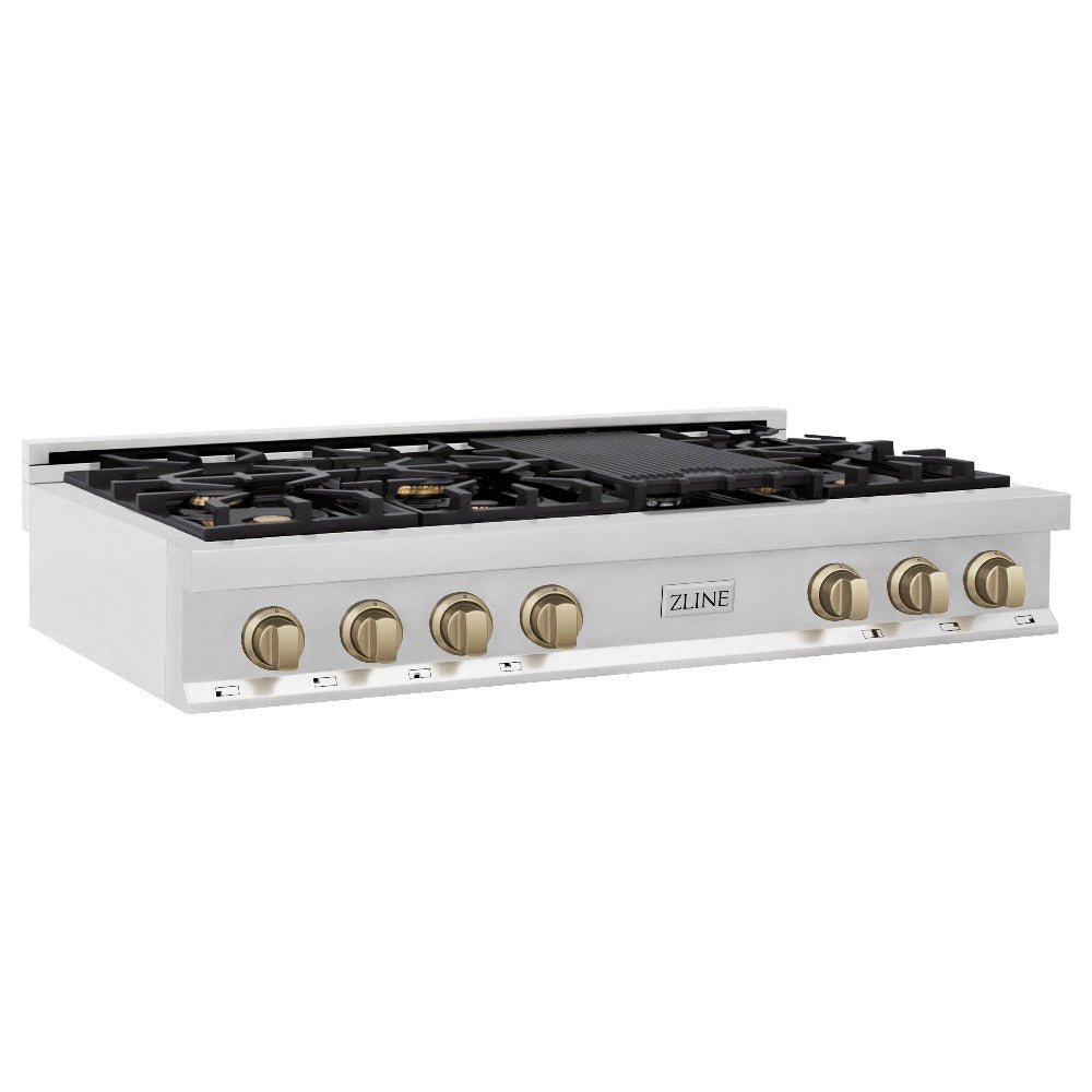 ZLINE Autograph Edition 48 in. Legacy Gas Rangetop with 7 Burners and Porcelain Cooktop in Stainless Steel with Champagne Bronze Accents (RTZ-48-CB)