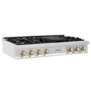 ZLINE Autograph Edition 48 in. Legacy Gas Rangetop with 7 Burners and Porcelain Cooktop in Stainless Steel with Polished Gold Accents (RTZ-48-G) side.