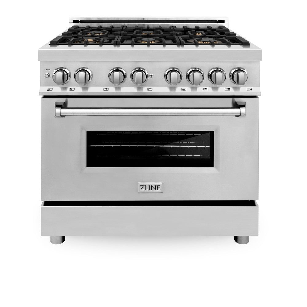 ZLINE 36 in. 4.6 cu. ft. Legacy Dual Fuel Range with Gas Cooktop and Electric Convection Oven in Stainless Steel with 6 Brass Burners (RA-BR-36)