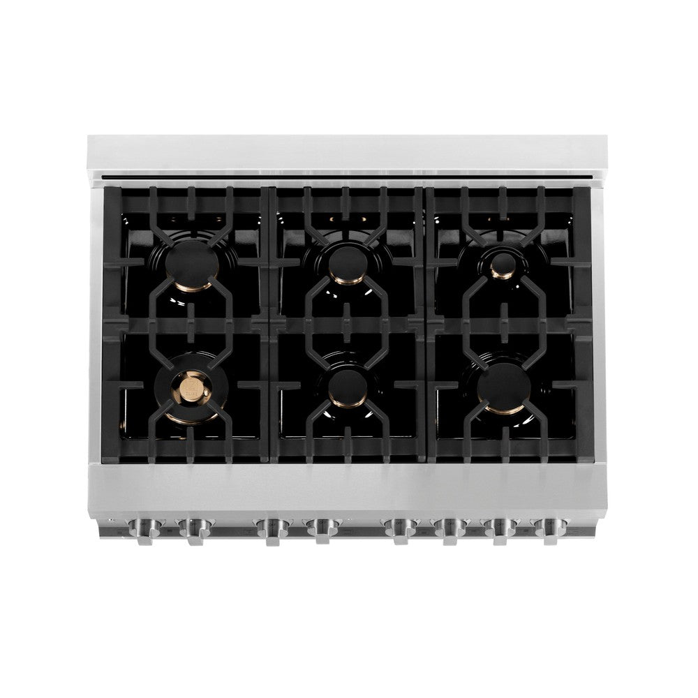 ZLINE 36 in. 4.6 cu. ft. Legacy Dual Fuel Range with Gas Cooktop and Electric Convection Oven in Stainless Steel with 6 Brass Burners (RA-BR-36)